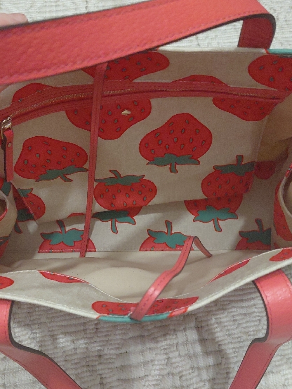kate spade Strawberry Print Tote in Red and Green on Cream - Picture 2 of 3